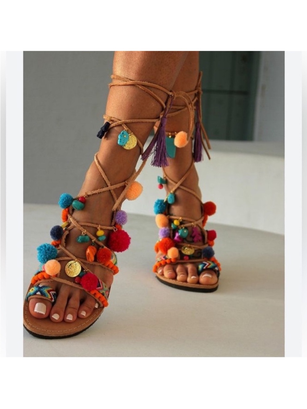 Colorful Pom Pom Lace-Up
Sandals Bohemian summer vibes. Eur 39 USA 8.5 leather